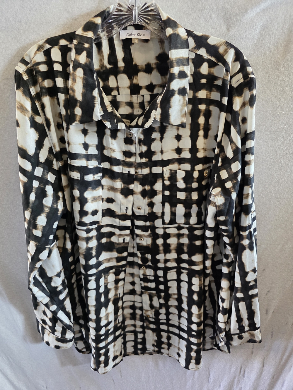 Calvin Klein Black, Cream & Brown Abstract Grid Button-Down Top